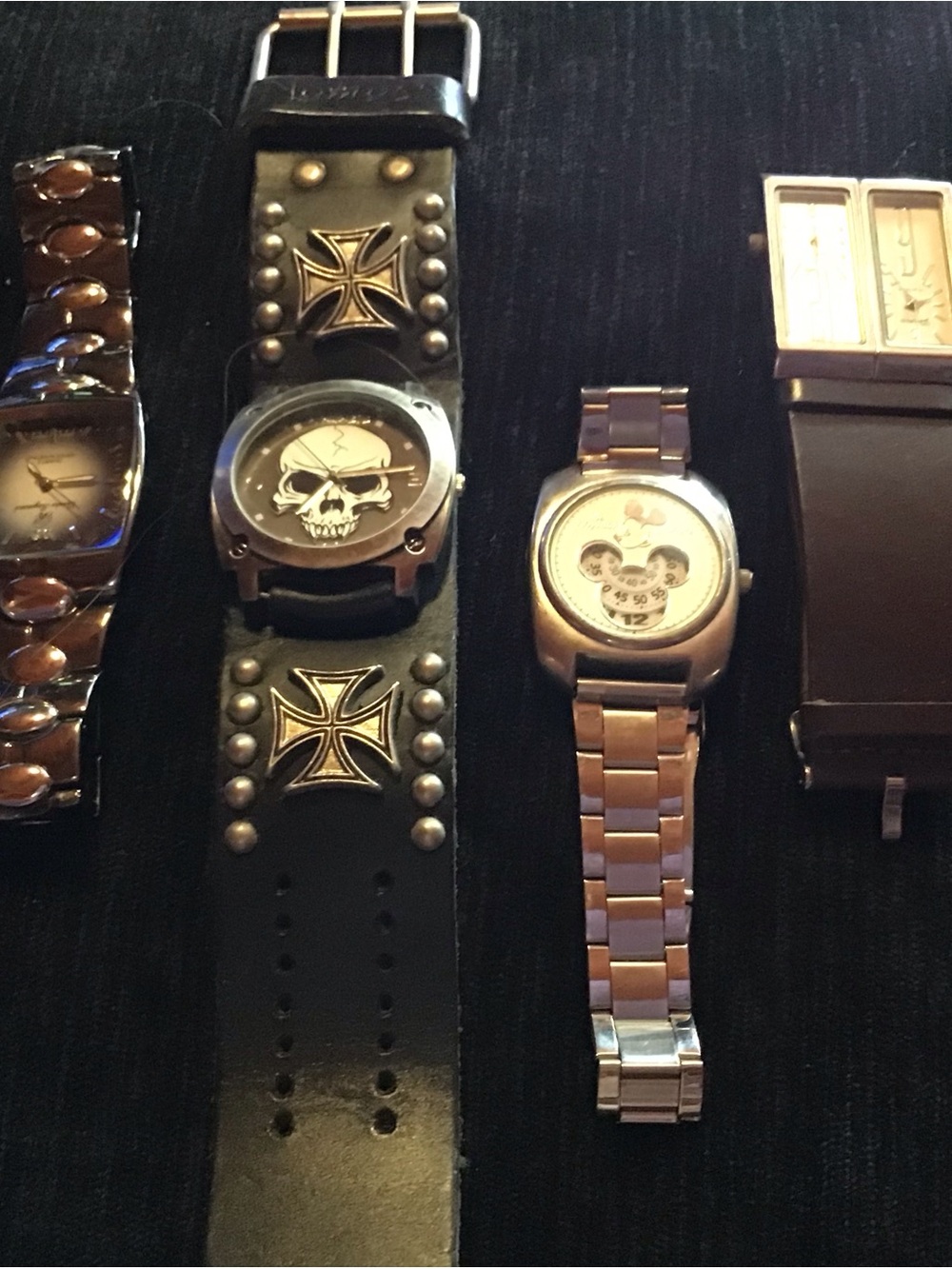 Watch bundle Black Leather Skull Dial Watch with Metal Cross Accents
